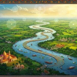 A majestic aerial view of the Karatoya River flowing through Bengal landscape, rendered in traditional Madhubani art style with modern digital aesthetics. The river appears as a serpentine golden-blue ribbon with intricate paisley patterns, winding through lush green terrain. Multiple tributaries branch out like a sacred tree of life, depicted with flowing mandala patterns in deep indigo and turquoise. The riverbanks feature detailed miniature villages with traditional Bengali architecture, boats, and farmlands in rich saffron and deep maroon hues. Ethereal golden light bathes the scene from above, creating a divine atmosphere. Sacred lotus flowers float along the river's course in soft pink and white. The landscape transforms from ancient to modern as the river flows, showing urban developments in subtle geometric patterns. Glowing symbols of time and transformation appear as floating mandalas in the sky. The composition is viewed through a mystical window frame decorated with intricate Bengali folk art patterns and peacock motifs. Hyperrealistic water reflections with surreal color palette of peacock blue, gold, and soft pastels.