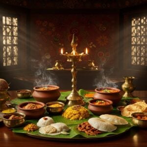 A rich, vibrant scene of a traditional Kerala-style thatched restaurant interior with warm golden lighting, featuring a grand banana leaf spread on a polished wooden table. In the center, an ornate brass traditional lamp illuminates an array of authentic Malabar dishes arranged in a circular pattern - including golden-brown Thalassery biryani, pearl-white idiappam, rust-colored fish curry in earthen pots, and crispy golden parottas. Steam rises artistically from the dishes, creating a dreamy atmosphere. The background shows intricate Madhubani-style patterns of spices like cardamom, cinnamon, and pepper in deep maroon and saffron hues. Floating mandala patterns made of spices and curry leaves add a mystical touch. The scene is complemented by brass serving vessels, fresh banana leaves, and coconut shell serving bowls. The lighting is warm and inviting, with rays of sunlight filtering through traditional window lattices, creating patterns on the rustic floor. The composition follows modern food photography principles with a traditional Indian art aesthetic, hyperrealistic detail, and soft depth of field.