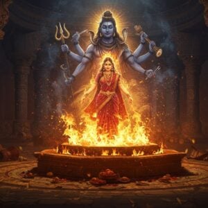 A dramatic scene depicting the climactic moment of Daksha Yagna - a grand, ornate Fire altar (yagna kund) with golden flames reaching skyward, surrounded by intricate Madhubani-style patterns. In the center, Sati's ethereal form in a crimson and gold saree dissolving into the sacred fire, emanating a divine glow. Lord Shiva in his fierce Virabhadra form with multiple arms wielding weapons, dark complexion, matted locks, and third eye prominent, emerging from a swirling cosmic energy behind. The scene is set in an ancient temple courtyard with lotus-carved pillars and mandala motifs. The color palette features deep maroons, burning golds, and intense blues. Daksha's partially destroyed yagnashala visible in the background with scattered offerings and overturned vessels. Mystical smoke patterns form celestial dancers in the air. The lighting is dramatic with the fire's glow creating sharp shadows. The art style combines traditional Indian temple art with modern digital fantasy aesthetics, rendered in high detail with ethereal lighting effects and particle systems.