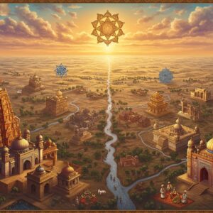 A majestic aerial view of the Deccan Plateau at golden sunset, rendered in rich Pattachitra style with modern digital aesthetics. The landscape features intricate mandalas representing different religions - a large Hindu chakra, Islamic geometric patterns, and Buddhist wheel of dharma - all interconnected by flowing golden threads. The foreground shows ancient temple architecture merging seamlessly with Islamic domes and arches, detailed in deep saffron, peacock blue, and burgundy. Scattered throughout are miniature scenes of cultural exchange: classical dancers performing in courtyards, Sufi saints and Hindu yogis in meditation, and merchants trading on ancient routes. The sky features ethereal clouds with soft pastel undertones of pink and lavender, while the terrain shows detailed topographical patterns in earthy browns and greens. Sacred rivers flow through the scene like ribbons of silver, connecting various architectural elements. The entire composition is framed by traditional Indian border patterns featuring lotus motifs and peacock feathers, with a subtle golden glow emanating from the center, creating a serene and mystical atmosphere. The art style combines hyperrealistic landscape details with stylized traditional Indian art elements, creating a dreamlike quality that bridges ancient and modern aesthetics.