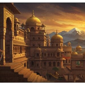 A majestic ancient Indian palace complex in Jammu, rendered in rich Madhubani-inspired art style, featuring intricate geometric patterns and cultural motifs. The palace architecture showcases traditional Dogra style with multiple-tiered structures, ornate archways, and golden domes against a dramatic sunset sky in deep saffron and peacock blue. In the foreground, a noble Deva dynasty ruler stands regally on the palace steps, wearing an elaborate gold-threaded angarkha, precious gems, and a distinctive turban with a kalgi. He holds a ceremonial sword studded with precious stones. The scene is adorned with detailed elements like royal insignias, carved pillars with lotus motifs, and flowing silk banners in royal colors of maroon and gold. Ancient Sanskrit inscriptions subtly blend into the architectural details. The lighting creates a mystical atmosphere with golden rays filtering through the ornate jharokhas, casting intricate shadows. The background features the snow-capped Pir Panjal range and the flowing Tawi river in ethereal style, symbolizing the dynasty's vast realm. The artwork combines hyperrealistic architectural details with surreal, spiritual elements like glowing mandalas and floating lotus petals.