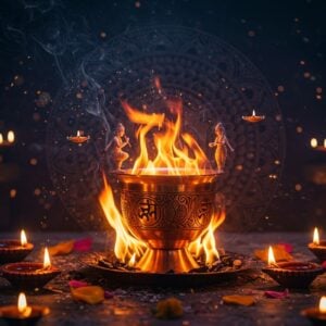 A mystical scene showing an ornate copper Dhuni cup, intricately carved with Sanskrit symbols and peacock motifs, floating above sacred flames in a traditional fire pit. The flames swirl in mesmerizing patterns of orange, gold, and deep red, creating ethereal smoke patterns that transform into miniature spiritual figures performing ancient rituals. The background features a large, detailed mandala in Madhubani style with concentric circles in deep indigo and burnished gold. Small floating diyas and flower petals encircle the cup, casting warm, golden reflections. Sacred ash particles sparkle like stars in the smoke. The scene is set in a timeless space with subtle lotus patterns emerging from soft, misty corners. The lighting is dramatic with ember-like glows highlighting the cup's metallic surface. The art style combines photorealistic textures with surreal Indian traditional art elements, creating a modern yet spiritually authentic atmosphere. Small glowing spirits or light orbs dance around the cup, suggesting divine presence.