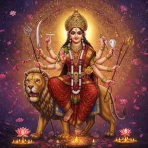 A majestic Goddess Durga seated on her lion in a cosmic ethereal setting, her eight arms holding traditional weapons - trishul in upper right, sword in upper left, chakra glowing golden in middle right, conch shell in middle left, lotus in lower right, bow in lower left, while two hands show abhaya and varada mudras. She wears a resplendent red silk saree with gold border, adorned with intricate jewelry including a crown with embedded gems. Behind her, a massive golden mandala radiates divine energy, surrounded by swirling cosmic patterns in deep purples and blues. Floating lotus flowers and petals in soft pink and white create a mystical atmosphere. The scene is illuminated by divine light emanating from the goddess herself. The art style combines traditional Madhubani patterns in the background with modern digital aesthetics, featuring rich colors like deep maroon, saffron, and peacock blue. The goddess's face shows serene confidence with a gentle smile, her three eyes radiating wisdom. Multiple smaller mandalas float in a spiral pattern around her, each containing symbols of different aspects of Shakti. The overall composition creates a powerful yet approachable divine feminine presence.