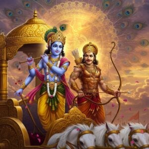A majestic scene depicting Krishna and Arjuna on an ornate chariot during the Kurukshetra war, rendered in a fusion of traditional Indian Pattachitra and modern digital art. Krishna, with his deep blue complexion, adorned with a peacock feather crown and yellow dhoti, holds the reins with his two hands. Arjuna, with royal armor and traditional warrior attire, holds his divine bow Gandiva. The chariot is decorated with intricate gold patterns and floating lotus motifs. Behind them, a large, glowing spiritual mandala forms a halo effect, with swirling patterns of peacock feathers and sacred symbols. The sky features ethereal clouds in shades of saffron and deep purple, with divine light streaming through. The scene is enhanced with floating flower petals and subtle energy wisps in gold and turquoise. The overall composition should have a cinematic quality with dramatic lighting, emphasizing the deep spiritual connection between the two characters. Their expressions should convey both friendship and divine purpose, with Krishna's serene smile and Arjuna's determined gaze. The art style should blend photorealistic elements with mystical Indian aesthetics.