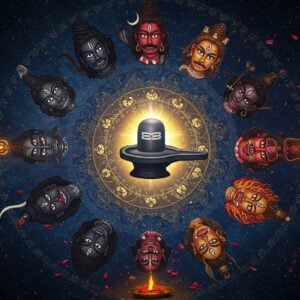 A dramatic circular composition featuring eight manifestations of Bhairava arranged in a mandala formation against a cosmic dark blue background with swirling golden energy. Each Bhairava form is distinct and detailed: Asitanga (black-limbed) in obsidian color, Ruru with a dog face, Chanda wielding a burning sword, Krodha with fierce red eyes, Unmatta in ecstatic dance, Kapala holding a skull-cup, Bhishana with serpents coiled around, and Samhara with destructive flames. Each form has three eyes, matted hair with crescent moon, tiger skin lower garment, and skull garland. The central focus shows a large Shiva lingam emanating intense white light. Intricate Madhubani-style patterns fill the spaces between figures. The scene is illuminated by ethereal blue and golden light, creating a mystical atmosphere. Sacred geometry patterns and yantra elements frame the composition. Floating lotus petals and vibhuti (sacred ash) particles add movement. The art style combines traditional Indian iconography with modern digital painting techniques, featuring rich textures and dramatic lighting effects.