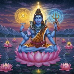 A majestic, ethereal scene depicting Lord Shiva in his transcendent form, seated in padmasana on a crystal lotus emerging from a cosmic ocean. He has three faces representing Aghora, Sadyojata, and Vamadeva, radiating divine light in shades of deep blue, pristine white, and golden hues. His four arms hold a trident (right upper), damaru drum (left upper), crystal mala (right lower), and abhaya mudra (left lower). Behind him, three concentric mandalas represent the three powers of Trika - Shiva (gold), Shakti (deep crimson), and Nara (electric blue), interconnected with sacred geometric patterns. Floating sanskirt letters in a spiral formation dissolve into pure light. The background features the Himalayan peaks bathed in surreal twilight colors. Multiple lotuses float on the cosmic ocean, each containing small scenes depicting meditation, knowledge, and liberation. The art style combines hyperrealistic digital rendering with traditional Kashmiri Shaivite iconography, featuring intricate details, metallic accents, and a luminous quality. Subtle smoke trails of incense create layers of depth, while delicate particles of divine light scatter throughout the scene.