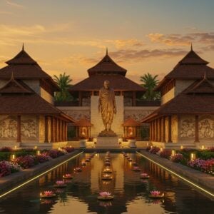 A grand architectural masterpiece in Kerala-style temple architecture, featuring towering copper-roofed structures with intricate wooden carvings, surrounded by lush tropical vegetation. The memorial building has a modern interpretation of traditional Kerala architecture with sleek glass panels seamlessly integrated into ornate wooden framework. In the foreground, a beautiful reflection pool mirrors the structure, with floating traditional brass oil lamps and lotus flowers. The scene is illuminated by warm golden sunset light, creating dramatic shadows. Traditional Madhubani-style motifs depicting toddy tappers, agricultural scenes, and social reform movements are intricately carved into the walls. A majestic statue of Sri Narayana Guru stands centrally, crafted in polished bronze, emanating a soft ethereal glow. The surrounding landscape features coconut palms and flowering champa trees. Modern LED lighting strips highlight the architectural elements, while traditional Kerala-style bronze lamps line the pathways. The sky shows a gradient from deep saffron to peaceful blue, with soft clouds. The scene combines hyperrealistic architectural photography with subtle spiritual elements, rendered in a style that merges traditional Indian art with contemporary digital aesthetics.