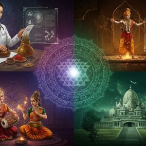 A grand ethereal composition divided into four harmonious quadrants, each depicting an Upaveda in modern interpretation. Top-left shows an elegant Indian female Ayurvedic doctor in contemporary medical coat examining traditional herbs and modern medical holographs. Top-right portrays a warrior in traditional Indian armor practicing archery with both ancient bow and modern equipment against a backdrop of sacred geometrical patterns. Bottom-left features Indian classical dancers and musicians in rich traditional costumes performing with instruments emitting visible sound waves and musical notes transforming into golden mandalas. Bottom-right displays modern and ancient architecture seamlessly blending - a grand temple structure morphing into a futuristic sustainable building with sacred geometry patterns. The scene is unified by a central glowing Sri Yantra mandala connecting all quadrants. Color palette includes deep royal blues, burnished golds, rich maroons, and emerald greens. Soft light emanates from the center, casting a divine glow. The style combines traditional Madhubani patterns with sleek digital art elements, floating sacred symbols, and holographic details. View from straight front, highly detailed, cinematic lighting, 8k resolution.