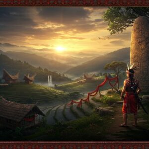A majestic panoramic view of ancient Jaintia hills at sunset, featuring traditional Khasi-Jaintia architecture with distinctive peaked roofs and bamboo structures. In the foreground, a regal Jaintia warrior chief wearing traditional attire with intricate beadwork, feathered headgear, and carrying ceremonial sword. Behind him stands an ornate stone monolith decorated with traditional Jaintia patterns and symbols, weathered by time. The landscape includes terraced fields cascading down misty hills, sacred groves with ancient trees wrapped in red silk cloth. The scene is illuminated by dramatic golden-orange light breaking through clouds, creating a mystical atmosphere. Small waterfalls in the distance create a ethereal mist. The art style combines hyperrealistic digital painting with traditional Madhubani-inspired border patterns featuring traditional Jaintia motifs in deep indigo, rust red, and gold. The overall composition should have a cinematic quality with rich, deep colors and atmospheric lighting that highlights the mysterious and royal nature of the ancient kingdom.