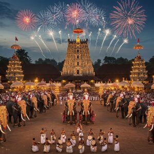 A grand aerial view of Thrissur Vadakkumnathan Temple during dusk, with fifteen majestic decorated elephants in ceremonial golden headgear (nettipattam) standing in perfect symmetry. Two main elephants face each other in the center, carrying ornate gold umbrellas (kudamattom). Spectacular display of 50 colorful umbrellas being exchanged in mid-air, creating a mesmerizing pattern against the deep blue sky. Traditional percussion ensemble of 150 artists performing panchavadyam in the foreground, their dynamic poses captured mid-performance. Towering temple gopurams decorated with hundreds of oil lamps casting a warm golden glow. Massive crowds of devotees in traditional Kerala attire surround the temple grounds, their faces lit by the glow of ceremonial lamps. Giant decorative parasols in gold, maroon, and royal blue colors spread across the scene. Illuminated by a combination of traditional temple lamps and modern lighting, creating a magical ambiance. Multiple fireworks bursting in the background sky in gold and silver, reflecting off the temple's brass flagpole. Art style combining hyperrealistic digital photography with traditional Kerala mural art elements, emphasizing rich gold, deep maroon, and elephant-gray tones. Aerial perspective showcasing the mammoth scale of the festival.