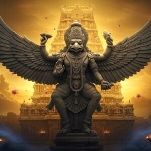 A magnificent stone Garuda statue in flight pose, intricately carved with traditional South Indian temple architecture details, emerging from a mystical golden background. The Garuda has detailed feathers made of granite, powerful wings spread wide, wearing a traditional temple crown adorned with precious gems. His face shows divine determination, eyes focused ahead. In his hands, he carries sacred symbols - Vishnu's Chakra and Conch. The background features an ancient Tamil temple structure with ornate gopurams, geometric kolam patterns, and floating lotus flowers. The scene is illuminated by warm, divine light creating a ethereal atmosphere. Mystical smoke wisps in deep blues and purples swirl around the statue. The art style combines hyperrealistic stone textures with magical ethereal elements, incorporating both Dravidian architectural patterns and contemporary fantasy lighting. The color palette includes rich temple greys, warm golds, deep celestial blues, and hints of traditional kumkum red.
