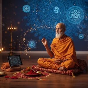 A distinguished Indian pandit in traditional saffron dhoti and angavastram sits cross-legged on an ornate meditation cushion, surrounded by both ancient ritual items (brass diya, kumkum, sacred threads) and modern technology (sleek tablet displaying Sanskrit texts, smart speaker playing vedic chants). The scene is set in a contemporary meditation space with polished wooden floors and minimalist decor. A large, intricate digital mandala projection illuminates the wall behind him in deep blues and golds. Floating holograms of vedic symbols and yantra patterns hover in the air. The pandit's expression is serene and wise, his hands positioned in chin mudra while wearing both traditional rudraksha beads and a smart wellness band. Soft ambient lighting creates a mystical atmosphere, with streams of digital particles flowing through traditional incense smoke. The art style combines hyperrealistic digital rendering with traditional Madhubani patterns in the details. The color palette features deep maroons, saffron, and modern metallic accents, creating a perfect blend of ancient and contemporary elements.