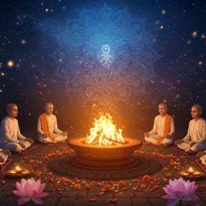 A serene nighttime scene featuring a beautifully lit traditional Nirankari Dhuni (sacred fire pit) in the center, glowing with vibrant orange-golden flames reaching upward. The fire pit is adorned with intricate Madhubani-style patterns around its rim. Surrounding the dhuni are seven Indian devotees in white attire, seated in meditation, their faces illuminated by the sacred fire's warm glow. The background features a large, ethereal mandala in soft blue and gold, radiating divine light. Floating above the fire are delicate smoke patterns forming subtle spiritual symbols. The foreground shows scattered marigold flowers and rose petals. The scene is set in a mystical garden with blooming lotus flowers in pastel pink and blue. The overall composition has a dreamy, supernatural quality with soft light particles floating in the air. The art style combines traditional Indian Pattachitra elements with modern digital art techniques, using a color palette of deep saffron, gold, white, and peaceful blue tones.