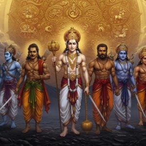 A majestic scene depicting the five Pandava brothers in regal poses against a mystical Himalayan backdrop. Yudhishthira in center wearing golden crown and white dhoti, holding dharma's staff. Bhima to his right, muscular build, wielding his signature silver mace. Arjuna on left with Gandiva bow and quiver of divine arrows, wearing blue-peacock feather crown. Nakula and Sahadeva flanking them, with sword and shield respectively. Each brother emanating distinct aura - Yudhishthira in white, Bhima in earthy bronze, Arjuna in deep blue, Nakula in silver, Sahadeva in copper. Behind them, a massive intricate mandala in gold and saffron featuring symbols of their divine fathers - thunderbolt, wind swirls, celestial chariot, divine horses and healing herbs. Ethereal lighting with soft golden rays filtering through clouds. Traditional Pattachitra patterns adorning their royal garments and jewelry. Krishna's subtle presence suggested through peacock feather motifs and flute music visualized as swirling golden notes. Style merging hyperrealistic digital art with classical Indian miniature painting aesthetics. Deep rich colors - royal blues, celestial golds, earthy crimsons blending with modern gradient effects.