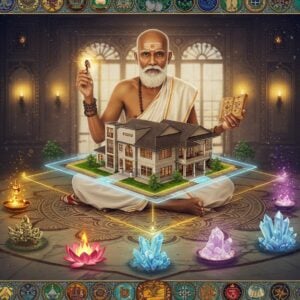 A distinguished elderly Indian Pandit with a serene expression, wearing traditional white dhoti and angavastram, seated cross-legged on an ornate marble floor with intricate Vastu mandala patterns. He holds a traditional copper compass in one hand and ancient Sanskrit scrolls in another. Around him floats a translucent 3D visualization of a modern Indian home with glowing energy lines showing Vastu principles - golden light streams from the Northeast, soft blue energy from the Southwest. The house is surrounded by miniature elements representing the five elements: crystal flames, flowing water, swirling air currents, earth crystals, and ethereal space. Intricate Madhubani-style borders frame the scene, featuring sacred geometry patterns and yantras. The lighting is warm and mystical, with soft rays filtering through ornate windows. The color palette combines deep traditional colors (saffron, maroon, gold) with modern pastels (sage green, cosmic purple). Floating lotus flowers and subtle mandalas add spiritual elements. Style should blend photorealistic architecture with mystical Indian art elements, creating a bridge between ancient wisdom and contemporary design.