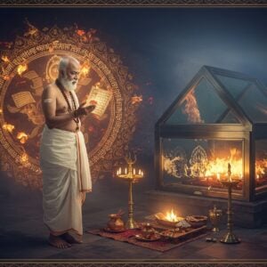 A dignified elderly Indian Pandit in pristine white dhoti and angavastram, adorned with sacred rudraksha beads, stands solemnly near a modern glass-enclosed cremation chamber. His hands are positioned in a mudra, surrounded by a glowing golden mandala halo. Traditional Sanskrit scriptures float ethereally around him in luminescent threads. In the background, stylized flames in shades of saffron and gold form abstract peacock patterns. Lotus flowers in white and gold float in a spiral pattern, representing the cycle of life and death. The scene is illuminated by both modern ambient lighting and traditional brass diyas, creating a harmonious blend of traditional and contemporary elements. Intricate Madhubani-style border patterns in deep maroon and gold frame the scene. The overall atmosphere combines reverence with modern aesthetic, featuring a soft misty gradient from deep indigo to dawn pink in the background. The Pandit's face shows wisdom and compassion, with subtle golden light reflecting off his features. Sacred items like copper kalash, sandalwood, and modern steel puja accessories are arranged in geometric patterns nearby.