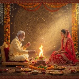A distinguished elderly Indian Pandit in traditional cream-colored dhoti and red-bordered angavastram, performing sacred wedding rituals in a contemporary mandap adorned with fresh marigold and lotus garlands. He sits cross-legged on an intricately carved wooden platform, surrounded by sacred items - a polished brass kalash with mango leaves and coconut, copper plates with kumkum and rice, and golden oil lamps casting warm glows. The background features a large, glowing golden mandala pattern merged with modern geometric designs. The scene captures the Pandit guiding a young Indian couple (bride in red lehenga, groom in cream sherwani) through the sacred fire ritual, his hands raised in blessing position, creating ethereal light patterns in the air. Floating diyas and flower petals surround the scene, while soft rays of morning sunlight filter through contemporary crystal installations hanging from the mandap. The art style combines traditional Madhubani patterns in the borders with modern digital aesthetics, using a color palette of deep maroon, saffron, gold, and peacock blue, with hints of pastel undertones for a contemporary feel.