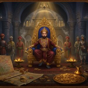 A majestic ancient Bengali royal court scene set in Samatata, featuring an imposing Indian ruler seated on an ornate golden throne adorned with intricate Bengali patterns and lotus motifs. He wears rich silk robes in deep maroon and gold, with traditional Bengali royal headgear. The backdrop shows a grand palace architecture with curved Bengali-style arches and pillars decorated with Pala-era sculptural details. Multiple courtiers in period-accurate clothing stand at different levels, suggesting hierarchy. The scene includes ancient Bengali military commanders in armor holding shields with the dynasty's emblems. The lighting is dramatic with golden rays filtering through ornate windows, casting intricate shadows. In the foreground, detailed maps of ancient Bengal carved on copper plates, royal seals, and gold coins scatter across a richly decorated table. The art style combines traditional Pattachitra techniques with modern digital art, using a rich color palette of deep blues, royal purples, and burnished golds. Ethereal glowing mandalas float in the background, while incense smoke creates a mystical atmosphere. The scene is viewed through an ornate arch frame decorated with traditional Bengali architectural motifs and symbols of power like lions and elephants.