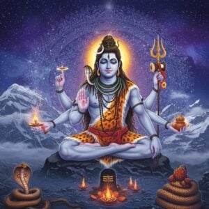 A majestic visual of Lord Shiva in his Rudra form, seated in Padmasana on Mount Kailash, with eight translucent ethereal forms emanating from him representing the eight verses of Rudrashtakam. His four hands hold trishul, damaru, lotus, and abhaya mudra. He has a third eye, crescent moon, and the Ganga flowing from his matted locks. The background features a cosmic mandala with intricate Madhubani patterns in deep blues and purples. Sacred Sanskrit symbols float in golden light around him. Multiple mystical scenes unfold in smaller circular vignettes around the main figure, showing devotees experiencing divine transformation through prayer. The entire scene is bathed in an otherworldly blue glow with streams of divine energy in saffron and gold. Photorealistic digital art style merged with traditional Indian art elements, emphasis on light effects and spiritual energy. Snow-capped Himalayan peaks visible in the distance through a mystical fog. Serpents adorned with jewels coil peacefully nearby, while ethereal rudraksha beads float in a spiral pattern.