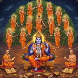 A majestic scene depicting Lord Rama seated in Padmasana on an ornate golden throne, radiating divine light, wearing saffron-colored royal attire and adorned with traditional jewelry. Behind him, a luminous tree of knowledge emerges, its branches forming a hierarchical structure filled with enlightened saints of the Ramanandi tradition in ascending order. Each saint is depicted in traditional saffron robes with distinct features - starting from Ramananda at the base, connected by golden threads of light. The scene incorporates traditional Madhubani-style border patterns with intricate details of Ram Darbar motifs. In the foreground, sacred texts and manuscripts float, emanating a subtle golden glow. The background features a large, ethereal mandala in deep blues and golds, with sacred symbols of the sampradaya. The lighting is warm and mystical, creating an atmosphere of divine wisdom. The art style merges traditional Indian miniature painting techniques with modern digital art aesthetics, using a color palette of saffron, deep maroon, gold, and peaceful blue tones. Floating lotus flowers and subtle light particles add to the spiritual ambiance.
