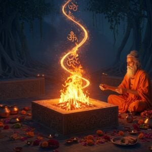 A mystical scene depicting a traditional sacred Dhuni (holy fire pit) in the center, emanating golden-orange flames that spiral upwards in ethereal patterns against a deep indigo twilight sky. A elderly Indian sadhu with flowing white beard, dressed in saffron robes, sits cross-legged before the Dhuni, his hands gracefully offering sacred herbs into the fire. The flames transform into luminous mandalas and spiritual symbols as they rise. The Dhuni is surrounded by intricately carved stone work in Madhubani style, featuring peacock motifs and lotus patterns. Scattered around are ceremonial items - copper vessels, sandalwood pieces, and fresh flowers in warm hues of marigold and red. Soft wisps of fragrant smoke create delicate swirls in the air, catching the golden light. The background features ancient banyan trees with hanging roots, their leaves illuminated by the fire's glow. The scene is rendered in a blend of hyperrealistic digital art with traditional Indian miniature painting style, emphasizing the interplay of light and shadow. Multiple small diyas (earthen lamps) create a warm ambient lighting around the Dhuni, highlighting the sacred atmosphere.