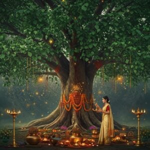 A majestic sacred fig tree (Ficus religiosa) with an expansive canopy of heart-shaped leaves, its aerial roots creating intricate patterns descending towards earth. The trunk is adorned with red and yellow sacred threads and fresh marigold garlands. At its base, a serene Indian woman in a cream silk saree performs aarti with a golden lamp. The tree emanates a soft, divine golden aura, with small floating lights reminiscent of fireflies. Around the base are traditional copper water vessels, coconuts, and scattered lotus flowers. The background features a large, intricate mandala pattern in deep indigo and gold. Small vignettes within the scene show Lord Krishna meditating under the tree, and Lord Buddha achieving enlightenment, both rendered in traditional Madhubani style. The overall composition combines photorealistic details with ethereal elements, featuring a color palette of deep greens, golds, saffron, and royal blue. Soft morning light filters through the leaves, creating dappled shadows on the sacred ground below. Hyperrealistic rendering with magical realism elements, 8k quality, cinematic lighting.