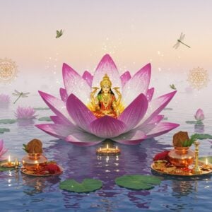 A magnificent sacred lotus flower emerging from serene waters, its petals in gradient shades from deep pink to pure white, with intricate Madhubani-style patterns on each petal. Golden divine light radiates from its center where a small figure of Goddess Lakshmi sits in padmasana. The water reflects a ethereal blue glow with ripples forming mandala patterns. Multiple lotus buds in various stages of blooming surround the central flower. Floating around are traditional items - copper vessels, sacred threads, and ritual items used in puja. The background features a soft gradient of dawn colors - pale pink, lavender, and golden hues. Delicate sacred geometry patterns and yantra designs float in the air, rendered in shimmering gold lines. Small butterflies and dragonflies with intricate Pattachitra-style designs hover around. Dew drops on the lotus leaves sparkle like diamonds. The scene is rendered in a modern digital art style while maintaining traditional Indian art elements, with atmospheric fog and particle effects adding depth and mysticism. Photorealistic water reflections with cinematic lighting.