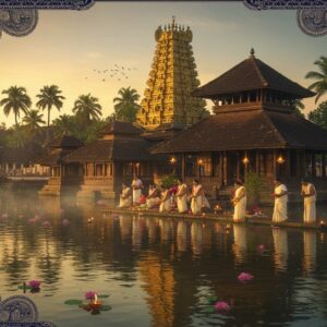 A majestic ancient Indian temple with traditional Kerala architecture rising above serene waters at sunset, featuring golden-hued ornate roofs with intricate wooden carvings and brass-plated pinnacles. The sacred river flows gracefully in the foreground, its surface reflecting the temple's grandeur and dotted with floating lotus flowers and glowing diyas. A group of devotees in traditional Kerala attire perform rituals at the riverbank, with women in cream and gold kasavu sarees and men in pristine white mundus. The scene is illuminated by warm, ethereal golden light, creating a mystical atmosphere with subtle fog rising from the water. Intricate Madhubani-style patterns frame the scene, incorporating symbols of fish, lotus, and flowing water motifs in deep indigo and gold. The background showcases towering coconut palms and the temple's reflection in the crystal-clear water, while floating oil lamps create patterns of light on the water's surface. The art style combines photorealistic architecture with ethereal lighting and traditional Indian art elements, rendered in a rich palette of gold, deep blues, and warm earth tones.