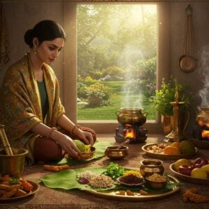 A serene indoor-outdoor scene showing a traditional Indian kitchen merging into a modern wellness space, illuminated by soft golden morning light. In the foreground, a young Indian woman in contemporary yoga wear with a silk shawl arranges a banana leaf with traditional Siddha dietary elements - fresh herbs, sprouted grains, honey in copper vessels, and seasonal fruits in brass plates. Behind her, an ornate window frame reveals a landscaped garden with medicinal plants and herbs in modern planters. The scene features intricate Madhubani-style borders with medicinal plants motifs. A subtle mandala pattern in pastel blues and golds forms in the steam rising from traditional brass cookware. The lighting is ethereal with sun rays creating a mystical atmosphere, highlighting copper and brass utensils. Modern wellness elements like yoga mats and copper water bottles blend seamlessly with traditional items like mortar-pestle and earthen pots. The color palette includes deep turmeric yellows, forest greens, copper browns, and soft morning blues. Hyperrealistic digital art style with attention to textures and lighting.