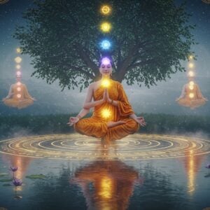A serene Indian yogi in lotus position levitating above a reflective pool of water, surrounded by concentric circles of glowing golden mandalas. The yogi wears flowing saffron robes with intricate Madhubani-style patterns. Seven vibrant chakra points illuminate along their spine, each emitting soft, ethereal light in their respective colors. The background features a large sacred Bodhi tree with leaves transforming into floating golden sacred geometry patterns. Multiple translucent layers of the same yogi in different yoga poses fade into the background, representing the journey of transformation. The scene is illuminated by soft, diffused morning light creating a mystical atmosphere. Traditional Patachitra-style peacocks with elaborate feathers frame the corners. A subtle spiral of energy connects from the yogi's crown chakra to a cosmic void above, filled with stars and celestial patterns. The overall color palette combines deep indigos, soft pastels, and touches of metallic gold. Ethereal mist floats at ground level, with small lotus flowers emerging from the water. Hyperrealistic digital art style with surreal elements, 8K, professional lighting, cinematic composition.