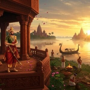 A majestic scene depicting an Ahom king in traditional royal attire with an intricate gold-embroidered crown and ceremonial sword, standing on the balcony of an ornate Rang Ghar (ancient amphitheater) during sunset. The architecture features detailed Ahom designs with peacocks and lions carved into red sandstone. In the background, the mighty Brahmaputra River flows, with traditional Assamese war boats adorned with dragon motifs. The foreground shows skilled artisans crafting intricate gold jewelry and weaving muga silk. The scene is illuminated by warm golden light, creating a ethereal atmosphere with floating lotus petals. The art style combines Assamese manuscript painting techniques with modern digital art, using rich colors like deep maroon, royal blue, and gold. Multiple layers of decorative patterns inspired by Assamese traditional motifs frame the scene, while mystical fog rolls over the ancient temples and palm trees in the distance. The lighting emphasizes the golden age theme with sun rays creating a divine ambiance, highlighting the prosperity and cultural richness of the era.