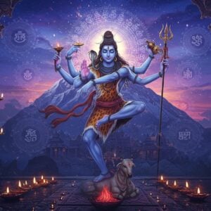 A majestic Lord Shiva in his cosmic dance pose, 4 arms raised gracefully against a surreal Telugu temple backdrop with intricate stone carvings. His upper right hand holds the damaru, upper left hand carries agni, lower right in abhaya mudra, and lower left in gajahasta pose. His form radiates a divine blue aura with white energy streaks. The Ganga flows from his matted locks adorned with crescent moon. His third eye glows with intense golden light. Around him, sacred Telugu inscriptions float ethereally in golden light. The background features the sacred Mount Kailash with a purple-blue twilight sky. Multiple circular mandalas with intricate Telugu patterns float in the space. Nandi sits in devotion at his feet. The scene is illuminated by floating diyas and vibhuti particles. Art style combines hyperrealistic digital art with traditional Kalamkari patterns, rich in deep blues, cosmic purples, and metallic golds. The overall composition creates a powerful spiritual atmosphere with dynamic energy flow patterns and sacred geometry.