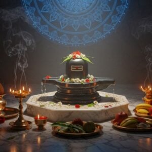 A serene, photorealistic scene of a modern Indian home's puja room illuminated by soft golden light, centered on an ornate silver Shiva lingam adorned with fresh white flowers and bilva leaves. A crystal-clear stream of water flows over the lingam from a copper vessel, creating ethereal reflections. The lingam sits on a raised marble platform with intricate mandala patterns in gold and deep blue. Around it, traditional puja items are artistically arranged - brass oil lamps with glowing flames, copper kalash with coconut and mango leaves, silver plates containing vibhuti, kumkum, and fresh fruits. Smoke wisps from burning camphor create mystical patterns in the air, while behind the setup, a large circular mandala wall art glows with subtle blue light. The scene combines traditional elements with modern aesthetic - clean lines, strategic lighting, and minimalist decoration. The overall atmosphere is peaceful and meditative with a soft focus effect. The color palette features deep blues, burnished gold, silver, and warm whites. Hyperrealistic digital art style with attention to textures and lighting.