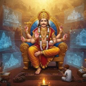 A divine artisan's workshop set in a ethereal realm, featuring Lord Vishwakarma as a regal figure with four arms, wearing golden crown and traditional dhoti, seated on an ornate throne. In his hands he holds divine tools - golden compass, sacred book, hammer, and craftsman's measuring rope. Around him, floating 3D holographic blueprints of ancient temples merge with modern architectural designs in glowing blue light. The background showcases a grand marble temple transitioning into a modern glass skyscraper, symbolizing evolution of craftsmanship. The scene is illuminated by warm golden light with floating sparks. Traditional Indian architectural elements like intricate jharokhas and carved pillars blend seamlessly with contemporary design elements. Various craftsmen in traditional Indian attire working with both ancient tools and modern technology. The art style combines Madhubani patterns in deep maroon and gold with sleek digital aesthetics, featuring mandala patterns that transform into circuit board designs. Mystical smoke in peacock blue and saffron creates a dreamy atmosphere, with subtle lotus motifs scattered throughout.