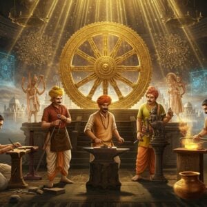A majestic scene showcasing five skilled Indian artisans from different Vishwakarma trades - a goldsmith crafting intricate jewelry, a carpenter carving detailed wooden structures, a blacksmith working with molten metal, a sculptor creating divine idols, and a bronze worker shaping traditional vessels. They're wearing traditional yet contemporary Indian attire in earthy tones. Behind them rises a massive, glowing golden wheel (symbolic of progress) adorned with traditional Madhubani patterns and modern geometric designs. The scene is set in a modern workshop space with floating holographic designs and blueprints in vibrant blue light. Sacred tools of Vishwakarma - the divine measuring tape, hammer, and chisel - float ethereally, emanating a soft golden glow. The background features a blend of ancient temple architecture transitioning into modern skyscrapers, symbolizing evolution. Intricate mandalas in metallic copper and gold float in the air. The lighting is warm and divine, with streams of golden light falling from above. The art style merges hyperrealistic digital art with traditional Indian Pattachitra patterns, creating a seamless blend of ancient and futuristic elements. The scene is framed by decorative brass work patterns and floating lotus motifs.