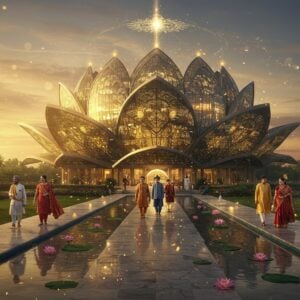 A majestic modern glass and steel office building shaped like a lotus flower, illuminated by warm golden light during sunset, with traditional Indian architectural elements seamlessly integrated. The building's facade features intricate Madhubani-style patterns etched in glass. In the foreground, a serene reflection pool with floating lotus flowers mirrors the structure. A group of diverse Indian professionals in both modern business attire and traditional Indian formal wear walking purposefully across a marble pathway. The scene is surrounded by lush gardens with peacocks. Ethereal beams of light form a subtle mandala pattern in the sky above the building. The color palette combines corporate blues and silvers with traditional Indian colors like saffron and deep maroon. Floating golden particles and soft light orbs add a spiritual dimension. The overall composition suggests a perfect blend of modern business efficiency with traditional Indian values and spirituality. Photorealistic digital art style with magical realism elements. Cinematic lighting with golden hour glow.