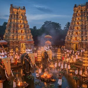 A majestic aerial view of Panakkattodil Devi Temple during twilight, illuminated by thousands of traditional brass oil lamps and modern LED strips. The temple architecture features intricate Kerala-style design with multiple-tiered golden gopuras. In the foreground, a grand procession of traditionally dressed devotees carrying ornate temple umbrellas (muthukkuda) and ceremonial peacock fans. The central focus shows three caparisoned elephants adorned with gold nettipattam and colorful umbrellas, standing majestically against the temple backdrop. Traditional Kerala percussion instruments like chenda and edakka being played by artists in cream-colored mundu. The scene is enhanced by floating lotus flowers in the temple pond, with smoke from ritual fires creating a mystical atmosphere. The lighting combines warm golden hues from oil lamps with cool blue twilight sky, creating a magical ambiance. Art style merges hyperrealistic digital photography with traditional Malayali art elements, featuring rich colors like deep maroon, gold, and peacock blue. Intricate mandala patterns and Kerala mural art motifs appear subtly in the background, while maintaining a modern, sophisticated aesthetic.