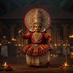 A mesmerizing Theyyam performer in an elaborate, towering red and gold headdress with intricate mirror work, dramatic facial makeup with vibrant red, white, and yellow patterns, wearing traditional costume with multiple layers of rich red and gold silk fabric. The performer is captured mid-dance with arms raised in a powerful stance, surrounded by glowing oil lamps and traditional Kerala bronze uruli vessels. The background features ancient temple architecture with carved wooden pillars and traditional Kerala style tiled roofs. Burning torches cast dramatic shadows and create a mystical atmosphere. Small details include sacred kumkum powder, brass bells, and palm leaves. The lighting is dramatic with warm golden hues from the fire sources contrasting with deep shadows. Multiple smaller Theyyam performers are visible in the background, creating depth. The overall scene combines both raw energy and divine grace, with swirling trails of incense smoke adding to the ethereal atmosphere. Style should blend traditional Malabar art forms with modern digital art techniques, maintaining high detail and photorealistic textures while incorporating surreal, divine elements.