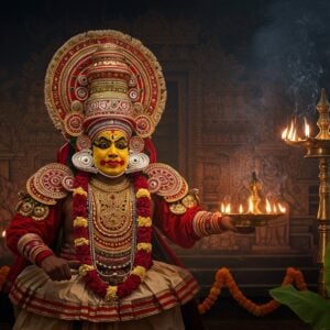 A majestic Theyyam performer in an ornate red and gold costume with towering headgear adorned with intricate patterns and mirror work, captured mid-dance against a backdrop of ancient Kerala temple architecture. The performer's face is painted with traditional vibrant patterns in red, yellow, and white. Sacred flames illuminate the scene from traditional bronze nilavilakku lamps, creating dramatic shadows and golden highlights. The background features traditional Kerala mural art style decorative elements, with intricate Malayali patterns in gold. Smoke from ritual incense creates a mystical atmosphere, while banana leaves and fresh marigold garlands frame the scene. The performer's costume includes elaborate chest plates, shoulder ornaments, and flowing fabric elements that appear to be in motion. The lighting is dramatic, emphasizing the red and gold colors, with soft ethereal glows around the sacred elements. The art style combines hyperrealistic details with spiritual ethereal elements, rendered in a modern digital art technique with rich, deep colors. The overall composition creates a sense of divine energy and cultural mysticism.