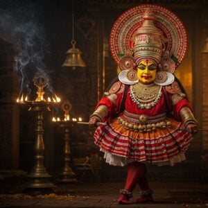 A majestic Theyyam performer in an elaborate, towering red and gold headdress adorned with intricate mirror work and sacred symbols, face painted with precise geometric patterns in vibrant vermillion, yellow, and white. The performer's costume features layers of crimson and saffron silk with traditional Malayalam motifs, multiple decorative brass bangles, and ceremonial anklets. They are captured mid-dance against the backdrop of an ancient Kerala temple at dawn, with oil lamps creating a mystical golden glow. Sacred flames illuminate the scene while brass temple bells float ethereally in the background. Smoke from ritual incense creates swirling patterns in the air, merging with ethereal mandalas. The surrounding includes traditional Malayalam architecture with carved wooden pillars and bronze oil lamps. Art style combines hyperrealistic digital rendering with traditional Malayali art influences, emphasizing dramatic lighting and spiritual atmosphere. The overall color palette focuses on deep reds, burnt orange, gold, and black, with accent lighting in warm yellows.