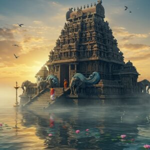An ancient majestic stone temple complex emerging from misty ocean waves at sunrise, with intricate Dravidian architecture featuring stepped vimanas and curved cornices decorated with traditional Tamil motifs. The main shrine dedicated to Lord Vishnu stands tall with detailed stone carvings of waves and sea creatures. The temple's reflection ripples in the calm waters of the Bay of Bengal, creating a mirror effect. Soft golden morning light bathes the structure, while mystical blue-green waters lap at its base. In the foreground, stone steps descend into the water, adorned with traditional brass temple lamps. Two devotees in traditional Tamil attire perform their morning prayers. Ethereal mist partially shrouds the temple spires, creating a mystical atmosphere. The scene includes delicate lotus flowers floating in the water, symbolic mandala patterns in the sky, and flying seabirds. The art style combines hyperrealistic architectural details with spiritual elements, featuring a color palette of deep sea blues, golden sunrise hues, and weathered stone grays. Ornate stone elephants guard the temple entrance, their trunks raised in blessing.