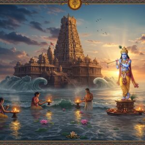 A majestic ancient temple complex emerging from misty ocean waves, with Lord Krishna in his characteristic blue hue standing gracefully on the shore, wearing a golden pitambara and crown adorned with peacock feathers. The temple architecture features intricate South Indian Dravidian style with elaborate gopurams decorated with detailed sculptures in gold and terracotta tones. Mythical sea creatures and waves carved in stone form the temple's base. In the foreground, devotees in traditional Tamil attire perform worship with oil lamps, creating golden reflections on the water. The scene is illuminated by a divine ethereal light, with soft rays filtering through clouds, creating a mystical atmosphere. Floating lotus flowers and ceremonial garlands dot the gentle waves. The background shows a gradient sky in deep blues and purples with hints of orange, suggesting sunrise. Intricate Madhubani-style patterns frame the scene, incorporating nautical motifs and traditional Tamil-style border designs. The overall composition combines photorealistic elements with surreal spiritual imagery, rendered in a modern digital art style with rich, deep colors and atmospheric lighting.