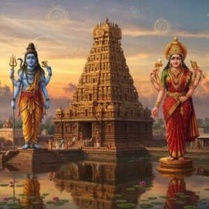A grand aerial view of the majestic Amritaghateswarar-Abirami Temple in Thirukkadaiyur, rendered in a fusion of traditional Chola architecture and ethereal digital art style. The massive golden temple gopuram rises prominently against a mystical dawn sky filled with soft pink and orange clouds. Lord Shiva and Goddess Abirami stand as divine figures in the foreground, with Shiva holding his trident and damaru, adorned in celestial ornaments, while Abirami radiates divine beauty with her red silk saree and golden crown. Multiple floating mandalas in intricate Thanjavur art style surround the temple, emanating golden light. The temple pond reflects the entire scene like a mirror, with lotus flowers dotting its surface. Devotees in traditional Tamil attire can be seen performing pradakshina around the temple. The scene is illuminated by both warm divine light and the cool morning sun, creating a supernatural atmosphere. Detailed architectural elements show the temple's ancient stone carvings and bronze work in high detail, while maintaining a modern, sophisticated aesthetic. The color palette consists of deep golds, burnt oranges, celestial blues, and earthy browns.