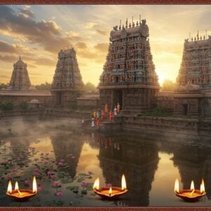 A majestic aerial view of Thirukkoshtiyur temple during golden sunrise, with intricate Dravidian architecture rendered in rich detail showing multiple tiers of ornate gopurams decorated with traditional sculptures. The main gopuram reflects in a sacred pond filled with pink lotus flowers. Soft morning mist surrounds the temple complex, creating an ethereal atmosphere. Several devotees in traditional South Indian attire are seen climbing the temple steps. The scene is illuminated by divine rays of sunlight breaking through clouds, creating a mystical golden glow around the temple spires. In the foreground, a detailed Madhubani-style border featuring peacocks, lotus motifs, and temple architectural elements in deep maroon, saffron, and peacock blue. The overall composition combines hyperrealistic architectural details with surreal lighting and traditional Indian art elements. A few oil lamps with golden flames float in the foreground, adding to the spiritual ambiance. The scene is rendered in a style merging photorealistic architecture with ethereal lighting and traditional Indian art elements.