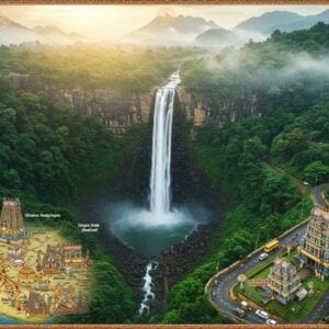 A stunning aerial view of Courtallam Main Falls cascading down majestic granite cliffs, surrounded by lush green Western Ghats mountains in traditional Madhubani art style. The waterfall creates a mystical white mist rising up, with golden sunlight filtering through. In the foreground, a detailed road map rendered in intricate Pattachitra style shows connecting paths between major Tamil cities, illustrated with miniature temples in gold and saffron. Modern cars and buses traverse the winding mountain roads. The scene features traditional Tamil architectural elements like gopurams and mandapas near the falls, with devotees in colorful traditional attire. The color palette combines deep peacock blues of the water, emerald greens of the forest, and warm gold accents for the architectural details. Ethereal glowing mandalas float in the misty sky, creating a serene atmosphere. The composition maintains a perfect balance between realistic landscape photography and traditional Indian art forms, with highly detailed borders featuring Tamil motifs and temple architecture patterns.
