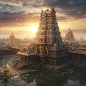 A majestic aerial view of Thirumohoor Kalamegaperumal Temple during sunrise, with Lord Vishnu as Kalamegaperumal standing tall in the center, 8 feet height, four arms holding Sankha, Chakra, Gada, and Padma, wearing yellow silk vastram and crown adorned with precious gems. The temple's distinctive South Indian Dravidian architecture features intricate gopurams with multiple tiers in gold and saffron hues. Mystical morning mist surrounds the temple complex, with divine rays of sunlight breaking through clouds, creating a heavenly atmosphere. The foreground shows a beautiful temple tank with blooming lotus flowers, reflecting the temple's grandeur. Detailed Madhubani-style patterns adorn the temple walls, depicting scenes from Krishna's life. Modern digital art style with photorealistic textures, dramatic lighting, and rich colors like deep maroon, royal blue, and gold. Ethereal glowing mandalas float in the sky, while peacocks dance in the temple courtyard. The scene captures both the historical grandeur and contemporary relevance with a cinematic wide-angle perspective.