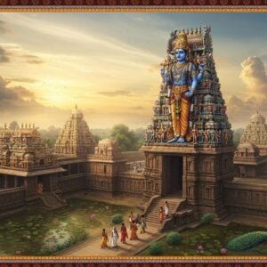 A majestic aerial view of Thirumohoor Kalamegaperumal Temple during golden hour, with Lord Vishnu's divine form as Kalamegaperumal standing tall in the center, adorned in rich blue and golden garments, holding Sankha in upper right hand, Chakra in upper left hand, Gadha in lower right hand, and lotus in lower left hand. The temple's ornate Dravidian architecture features intricate gopurams with detailed sculptures in traditional South Indian style, surrounded by blooming lotus ponds. Soft divine rays of light penetrate through clouds, creating a mystical atmosphere. The foreground shows devotees in traditional Tamil attire walking through the temple courtyard. The scene incorporates Madhubani-style decorative elements in the borders with peacock motifs and geometric patterns in deep maroon and saffron. The overall composition has a ethereal quality with a modern digital art finish, highlighting the temple's grandeur with subtle golden highlights and peacock blue accents.
