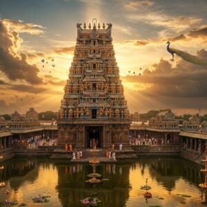 A majestic aerial view of Thirumohoor Kalamegaperumal Temple during golden hour, with its towering gopuram decorated with intricate Dravidian sculptures in rich colors of gold, saffron, and deep blue. The temple tank in the foreground reflects the temple's image like a mirror, with lotus flowers floating on its surface. Lord Kalyana Venkatesa stands in the center, depicted in traditional form with four arms - upper right hand holding the Sudarshana Chakra, upper left hand holding the Panchajanya conch, lower right hand in Abhaya mudra, and lower left hand resting on hip. Divine rays of light stream through clouds, illuminating the temple complex. Devotees in traditional attire circumambulate the temple, creating a sense of movement. The scene features detailed Madhubani-style patterns in the sky, with peacocks and sacred Tamil motifs integrated naturally. Modern architectural photography aesthetic with dramatic lighting, ultra-detailed textures, photorealistic quality, enhanced by mystical elements like floating diyas and flower petals. The color palette combines deep traditional colors with contemporary metallic highlights.