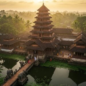 A majestic aerial view of Thiruvangad Sree Ramaswami Temple during golden hour, showcasing its distinctive Kerala architectural style with copper-plated roofs gleaming in sunlight. The temple's traditional multiple-tiered structure (characterized by typical Kerala temple architecture) sits amidst lush green coconut groves. The foreground features intricate Malayali-style stone carved elephants leading to the temple entrance. Detailed mandala patterns and traditional Kerala mural art elements frame the scene. The temple pond reflects the structure creating a mirror image effect. Soft golden rays pierce through morning mist, creating an ethereal atmosphere. Small groups of devotees in traditional Kerala attire (men in mundus, women in set-mundu) are seen walking through the temple premises. The color palette includes deep copper reds, forest greens, golden yellows, and earthy browns. The style combines photorealistic architectural details with mystical lighting and artistic elements from traditional Kerala temple art. Intricate details of traditional Kerala-style wooden craftsmanship visible on the temple structures. The scene captures both the architectural grandeur and spiritual essence of the temple, rendered in a modern digital art style while maintaining cultural authenticity.