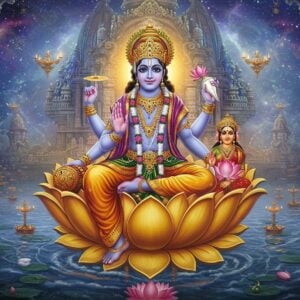 A majestic, highly detailed portrait of Lord Vishnu in his cosmic form, seated in Padmasana on a thousand-petaled golden lotus floating in an ethereal cosmic ocean. His four hands hold their iconic items - the Sudarshana Chakra (glowing with divine energy) in upper right hand, the conch Panchajanya (emanating sacred vibrations) in upper left hand, the Kaumodaki mace in lower right hand, and a blooming lotus in lower left hand. He wears rich gold and saffron silk garments with intricate Madhubani-style patterns, adorned with detailed jewelry including the Kaustubha gem at his chest. His serene face shows divine wisdom, with a golden crown featuring peacock feathers. Lakshmi Devi sits at his feet on a smaller lotus. The background shows a massive ornate temple architecture merging with cosmic elements - swirling galaxies, stars, and geometric mandalas in deep blues and purples. Ethereal light rays in gold and soft white emerge from his form. Multiple smaller lotuses float around, some traditional, some digitally stylized. The scene combines hyperrealistic digital art with traditional Indian art motifs, creating a modern yet spiritually authentic representation.